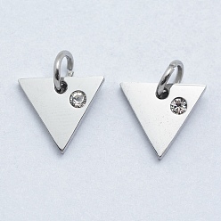 Stainless Steel Color 316 Surgical Stainless Steel Pendants, with Cubic Zirconia, Triangle, Clear, Stainless Steel Color, 9.5x10.5x2mm, Hole: 3mm