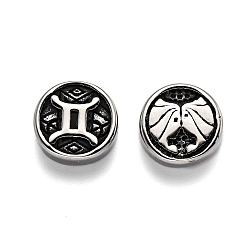 Gemini 304 Stainless Steel Beads, Flat Round with Twelve Constellations, Antique Silver, Gemini, 10x4mm, Hole: 1.8mm
