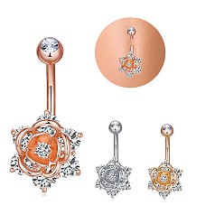 Mixed Color Brass Piercing Jewelry, Navel Ring Belly Rings, with 304 Stainless Steel Bar, with Cubic Zirconia, Mixed Shapes, Mixed Color, 30mm, Bar: 15 Gauge(1.5mm), 3pcs/set, Bar Length: 3/8"(10mm)