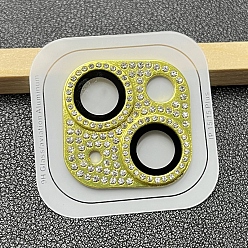 Amarillo Película de lente de teléfono móvil con diamantes de imitación de aleación, accesorios de protección de lentes, compatible con 13/14/15 protector de lente de cámara pro y pro max, amarillo, 4x4 cm