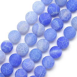 Bleu Royal Brins de perles d'agate patiné naturel, givré, teint, ronde, bleu royal, 7.5~8mm, Trou: 1.2~1.4mm, Environ 49 pcs/chapelet, 15.5 pouce