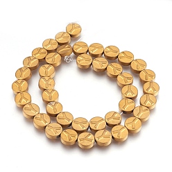Golden Plated Non-magnetic Synthetic Hematite Bead Strands, Frosted, Flat Round with Letter.Y, Golden Plated, 10x4mm, Hole: 1mm, about 40pcs/strand, 15.7 inch(40cm)