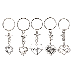 Mixed Shapes Valentine's Day Heart Alloy Pendant Keychain, with Iron Split Key Rings, Mixed Shapes, 7.3~7.8cm