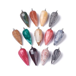 Pierre Mélangete Pendentifs pointus de pierres précieuses naturelles, avec les accessoires en acier inoxydable, cône, couleur inox, 50~53x19~21mm, Trou: 2mm