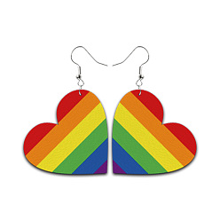 Colorido Pendientes colgantes de corazón de cuero de pu con bandera del orgullo del color del arco iris, pendientes largos de latón para mujer, colorido, 70x45x1.5 mm