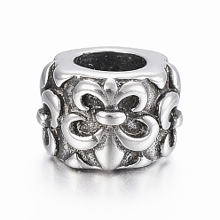 Antique Silver 316 Surgical Stainless Steel European Beads, Large Hole Beads, Column with Fleur De Lis, Antique Silver, 10x7mm, Hole: 5mm
