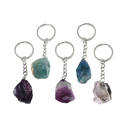 Mixed Stone Nuggets Natural Fluorite Keychain, with Platinum Plated Iron Findings, 88~98mm