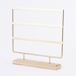 Golden Iron 3-Tier Earring Display Stand, for Hanging Dangle Earring, with Wood Pedestal, Golden, 25.4x25.2x5.1cm