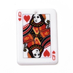 Coloré Pendentifs acryliques imprimés, rectangle avec motif de cartes à jouer, reine des coeurs, colorées, 36x25.5x2mm, Trou: 1.8mm
