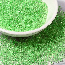 Citron Vert 12/0 transparentes perles de rocaille en verre, intérieur couleurs, trou rond, ronde, lime, 1.5~2mm, Trou: 1mm, environ 450 g /sachet 