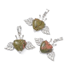 Unakite Natural Unakite Pendants, Heart Charms with Wings & Crown, with Platinum Tone Brass Crystal Rhinestone Findings, 26x35.5x8mm, Hole: 8x5mm