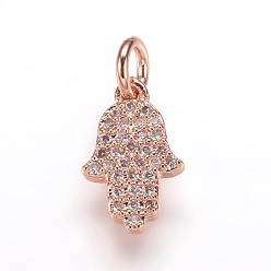 Rose Gold Brass Micro Pave Cubic Zirconia Charms Pendants, Hamsa Hand/Hand of Fatima, Rose Gold, 12.5x8x2mm, Hole: 3mm