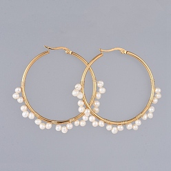 Golden 304 Stainless Steel Hoop Earrings, Beaded Hoop Earrings, with Natural Cultured Freshwater Pearl Beads, Ring, Golden, 44.5mm, Pin: 0.6x1mm