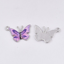 Violet Pendentifs en alliage imprimés, avec l'émail, papillon, platine, violette, 14x20.5x1.5mm, Trou: 1.6mm