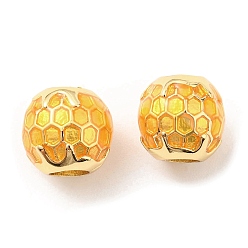 Gold Brass Enamel European Beads, Large Hole Beads, Lead Free & Cadmium Free, Rondelle with Honeycomb, Real 18K Gold Plated, Gold, 9.5x9x9.5mm, Hole: 4mm