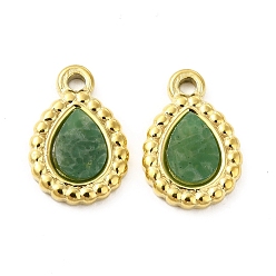 African Jade Natural African Jade Teardrop Charms, with Vacuum Plating Real 18K Gold Plated 201 Stainless Steel Findings, 15x10x2.5mm, Hole: 1.8mm