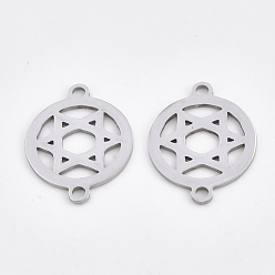 Stainless Steel Color 201 Stainless Steel Links connectors, Laser Cut Links, for Jewish, Flat Round with Star of David, Stainless Steel Color, 20x15x1mm, Hole: 1.8mm