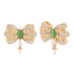 Green Brass Micro Pave Clear Cubic Zirconia Stud Earring Findings, with Cat Eye, for Half Drilled Beads, Nickel Free, Bowknot, Real 18K Gold Plated, Green, 21.5x22.5mm, Pin: 0.6mm, pin: 0.5mm and 0.7mm(for half drilled beads)