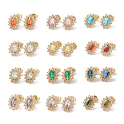 Mixed Color Cubic Zirconia & Rhinestone Oval Flower Stud Earrings, Ion Plating(IP) 304 Stainless Steel Jewelry for Women, Golden, Mixed Color, 12x10mm, Pin: 0.6mm