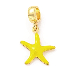 Yellow Brass Enamel European Dangle Charms, Large Hole Pendants, Lead Free & Cadmium Free, Real 18K Gold Plated, Starfish Charm, Yellow, 27mm, Hole: 5mm