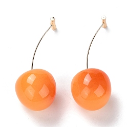Naranja Aretes colgantes de resina de cereza realistas, pendientes de latón de frutas para niña mujer, la luz de oro, naranja, 56 mm, pin: 0.6 mm