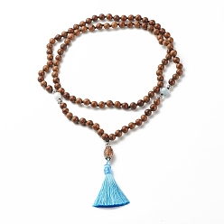 Brun Saddle Collier de prière mala en perles de bois de wengé naturel, collier pendentif gros pompon pour méditation bouddhiste, bleu, selle marron, 40.16 pouce (102 cm)