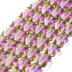 Magenta Brins de perles de verre transparentes plaquées à facettes, demi arc-en-ciel plaqué, torsion rectangle, magenta, 10x8x5mm, Trou: 1.5mm, Environ 49 pcs/chapelet, 20.47~20.8 pouce (52~53 cm)