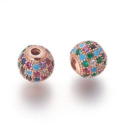 Rose Gold Brass Micro Pave Cubic Zirconia Beads, Round, Colorful, Rose Gold, 8x7.5mm, Hole: 2mm