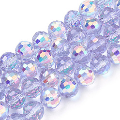 Lilac Transparent Electroplate Glass Beads Strands, Faceted, Half AB Color Plated, Round, Lilac, 8x7.5mm, Hole: 1.0mm, about 72pcs/strand, 21.06~21.22 inch(53.5~53.9cm)