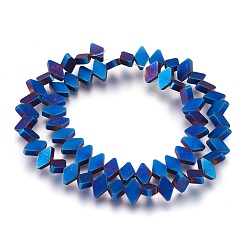 Blue Plated Electroplate Non-magnetic Synthetic Hematite Bead Strands, Frosted, Rhombus, Blue Plated, 6x10x3mm, Hole: 1mm, about 65~66pcs/strand, 15.3 inch~15.7 inch(39~40cm)