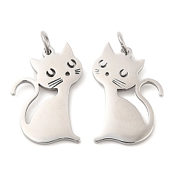 Stainless Steel Color 304 Stainless Steel Pendants, with Jump Ring, Cat Charm, Stainless Steel Color, 19.5x13x1.4mm, Hole: 3.2mm