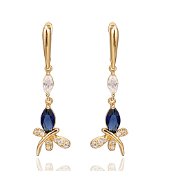Royal Blue Real 18K Gold Plated Brass Cubic Zirconia Dragonfly Hoop Earrings, Royal Blue, 43x14mm