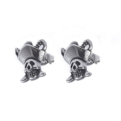 Antique Silver Retro 304 Stainless Steel Stud Earrings, with Ear Nuts, Pirate Skull, Antique Silver, 12.5x12mm, Pin: 0.7mm