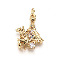 Golden Brass Micro Pave Cubic Zirconia Pendants, with Jump Rings, Christmas Reindeer/Stag & Christmas Tree, for Christmas, Colorful, Golden, 21.5x15.5x3.5mm, Hole: 3.5mm