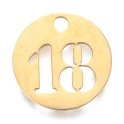 Number 304 Stainless Steel Pendants, Cut-Out, Hollow, Flat Round with Number, Golden, Num.18, 19x1.5mm, Hole: 2.5mm