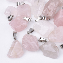 Quartz Rose Naturel a augmenté pendentifs en quartz, avec cliquet en acier inoxydable, nuggets, 15~35x10~20x5~15mm, Trou: 3x7.5mm