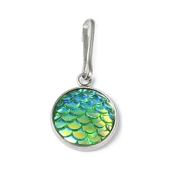 Cyan Resin Flat Round with Mermaid Fish Scale Keychin, with Iron Keychain Clasp Findings, Cyan, 2.7cm