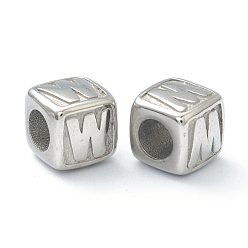 Letter W 304 Stainless Steel European Beads, Large Hole Beads, Horizontal Hole, Cube with Letter, Stainless Steel Color, Letter.W, 8x8x8mm, Hole: 4mm