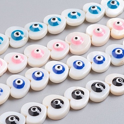 Mixed Color Natural Shell Beads Strands, with Enamel, Heart with Evil Eye, Mixed Color, 11x12x4.5mm, Hole: 0.6mm, about 35pcs/strand, 15.16 inch(38.5cm)