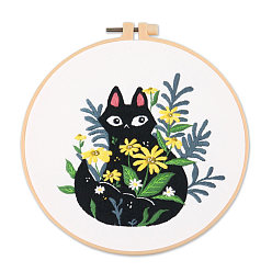 Noir Kits de broderie bricolage motif chat et plante, y compris le tissu en coton imprimé, fil à broder et aiguilles, cercle à broder imitation bambou, noir, hoop: 220x200mm