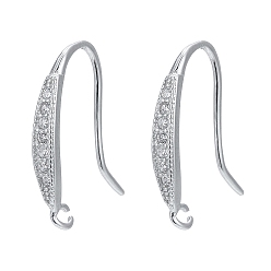 Platinum Rhodium Plated 925 Sterling Silver Earring Hooks, with 925 Stamp, with Cubic Zirconia, Platinum, 15x2.5x1.5mm, Hole: 1mm, 20 Gauge, Pin: 0.8mm