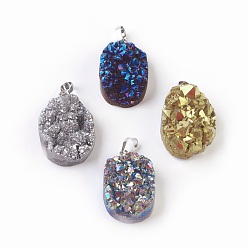 Mixed Color Electroplated Natural Druzy Quartz Crystal Pendants, with Brass Findings, Oval, Platinum, Mixed Color, 33~37x20~23x11~15mm, Hole: 8x5mm