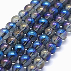 Blue Electroplated Natural Quartz Crystal Beads Strands, AB color Plated, Round, Blue, 12mm, Hole: 1mm, about 32pcs/strand, 15.7 inch