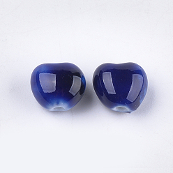Blue Handmade Porcelain Beads, Fancy Antique Glazed Porcelain, Heart, Blue, 10.5~11.5x11.5~12.5x8.5~9mm, Hole: 1.5~2mm