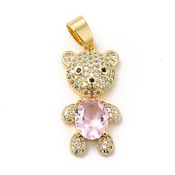 Perlas de Color Rosa Latón chapado latón micro pavimentar cúbicos zirconia colgantes, sin plomo y cadmio, real 18 k chapado en oro, oso encanto, rosa perla, 28x14.5x5.5 mm, agujero: 4.5x7 mm
