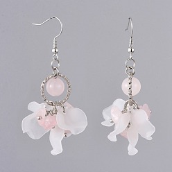 Rose Quartz Dangle Earrings, with Natural Rose Quartz Chip Beads, Frosted Acrylic Pendants, Brass Earring Hooks and Iron Finding, Flower, 58~61mm, Pin: 0.6mm