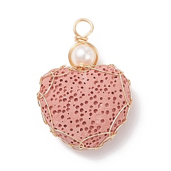 Pink Natural Lava Rock Pendants, for Perfume Essential Oil Charm, with Golden Tone Copper Wire and Natural Cultured Freshwater Pearl, Heart, Pink, 34~36x23.5~25x9~10mm, Hole: 3.5~4mm