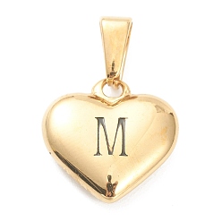 Letter M 304 Stainless Steel Pendants, Heart with Black Letter, Golden, Letter.M, 16x16x4.5mm, Hole: 7x3mm