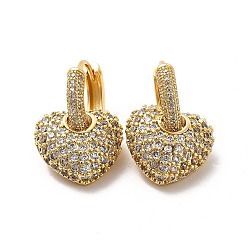 Golden Clear Cubic Zirconia Heart Dangle Hoop Earrings, Brass Jewelry for Women, Golden, 22mm, Pin: 1mm