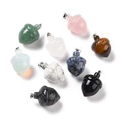 Mixed Stone Natural & Synthetic Gemstone Pendants, with Rack Plating Brass Findings, Cadmium Free & Lead Free, Real Platinum Plated, Acorns, 29x20~21mm, Clasp: 5x4mm
